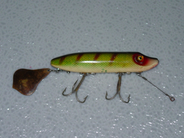 Vintage Heddon Wood Glass Eye Flap-Tail Fishing Lure